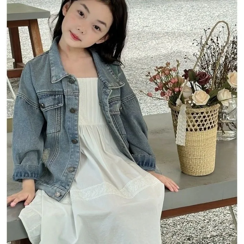 

Girls Spring Autumn Denim Jacket Fashionable New Style Children's Loose Casual Coat Versatile for Kids