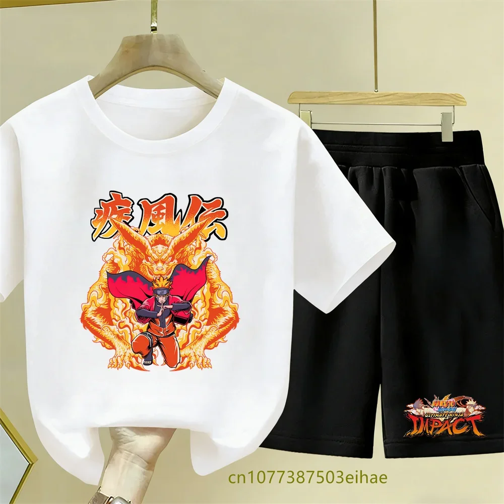 Naruto Anime Style Summer Set Cartoon Print Breathable Short-Sleeved T-Shirt, Casual Multi-Purpose Children's Top and Shorts Set