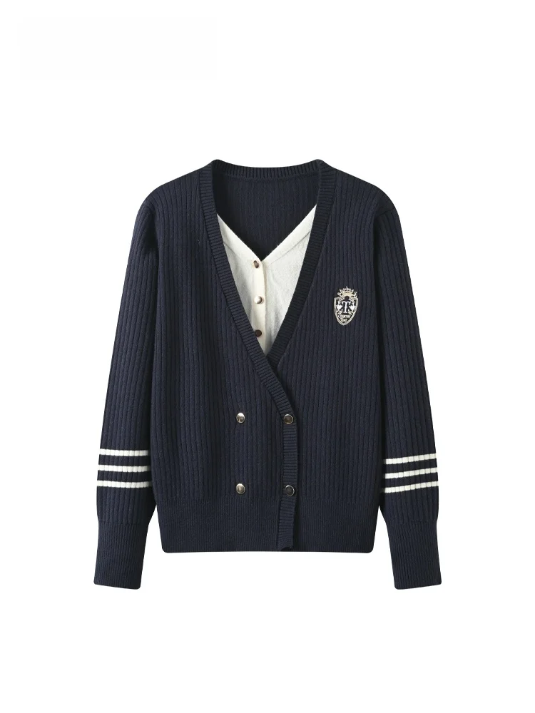 

plus Size Women's V-Ne Long Sve Knitwear Spring Faionable Age-Defng Versatile Fake Two-Piece Top Casual College Sle