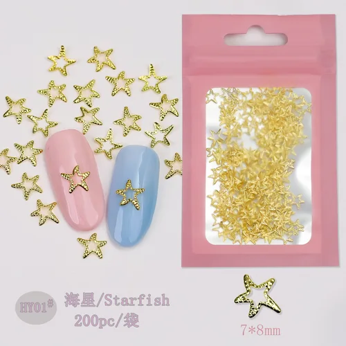Imagen 2 del producto Dijes de concha de Metal para uñas, accesorios Kawaii, estrella de mar, hipocampo, diseños de conchas para uñas 3D, suministros de decoración artística, 200 unids/lote por paquete