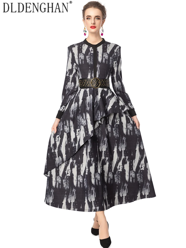 DLDENGHAN Women's Stand Collar Long Sleeve Dress with Sashes Ruffles High Street Abstract Print Fashion Autumn Long Dresses