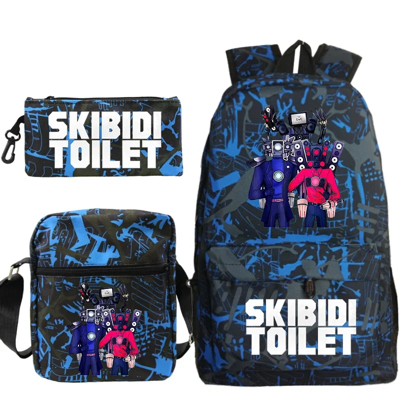 Skibidi-Toilet Print Mochila para estudante da escola primária, mochila de grande capacidade para crianças, saco anime para crianças, 3 peças por conjunto