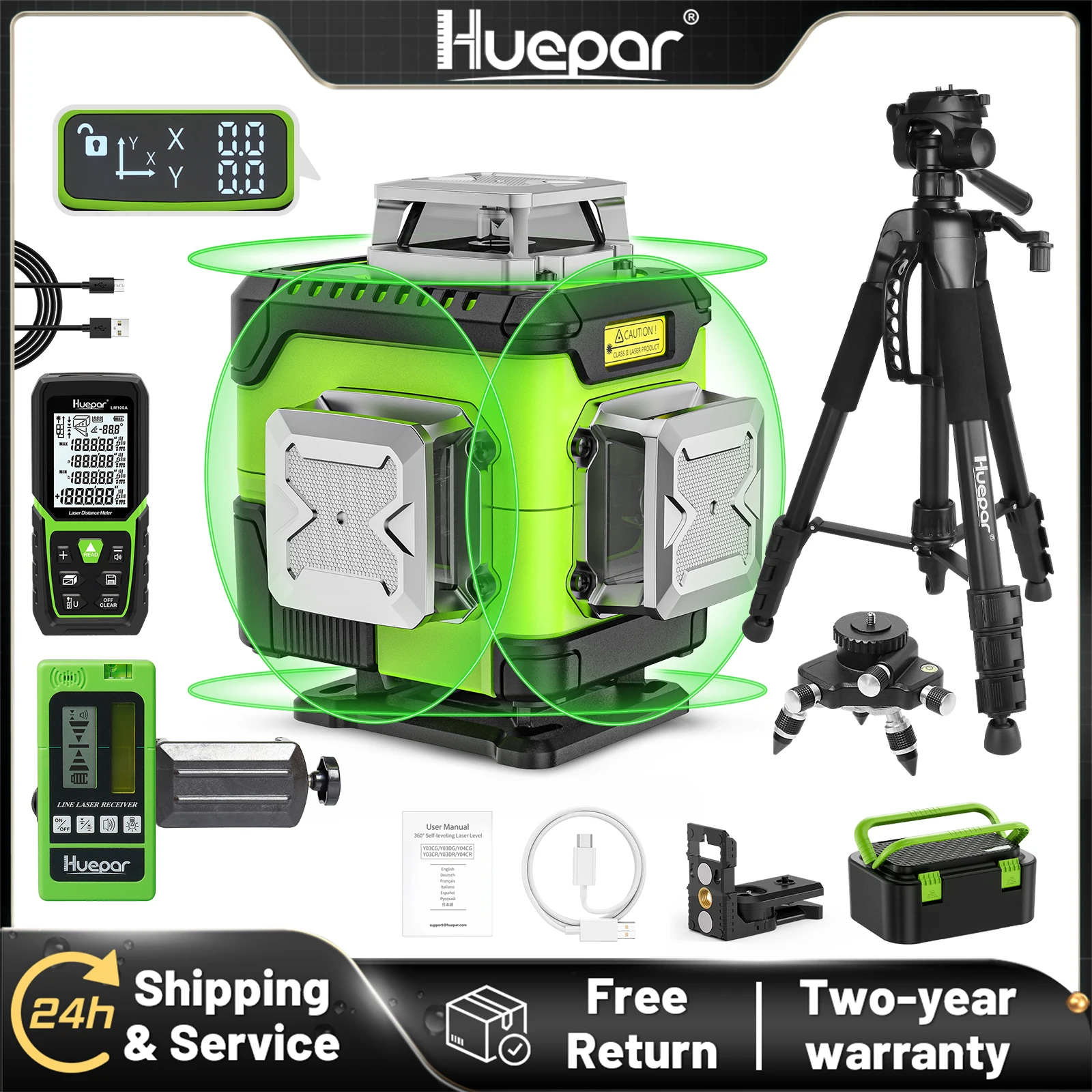 Huepar Y04CG Grüner Laser-Nivellierer 4D Kreuzlinienlaser mit LCD-Display, 16 Linien, horizontal und vertikal, selbstnivellierend, Laserwerkzeug mit Koffer