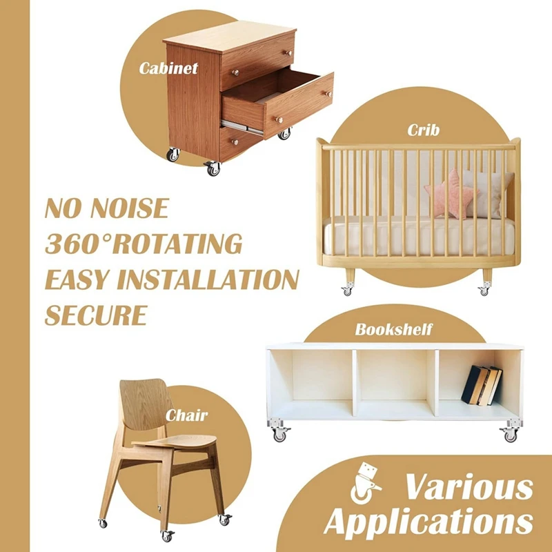 ABDJ-사이드 마운트 캐스터, 브레이크가 있는 4개의 캐스터 세트, 가구용 L자형 플레이트 소형 바퀴, 캐비닛 캐스터