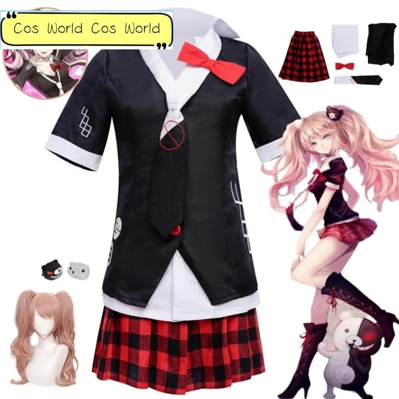 

Anime Dangaronpa Enoshima Junko Cosplay Uniforms Cafe Work Suit Short Skirt Ponytail Wig Bear Hairpin Gift for Girls