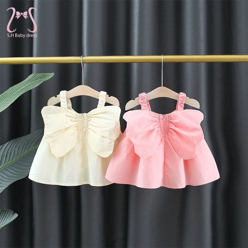 

S.H Baby Dress Summer Solid Color Children Girl Clothes Butterfly Wings Sleeveless Cool Thin Toddler Kids Costume 0 To 3 Years