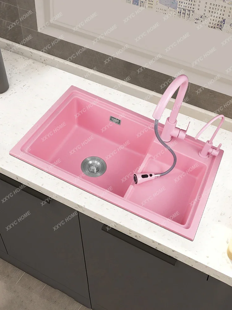 

Cherry Pink Quartz Sink Kitchen Vegetable Basin Step Granite Household Dishwashing Sink under Counter Large Size