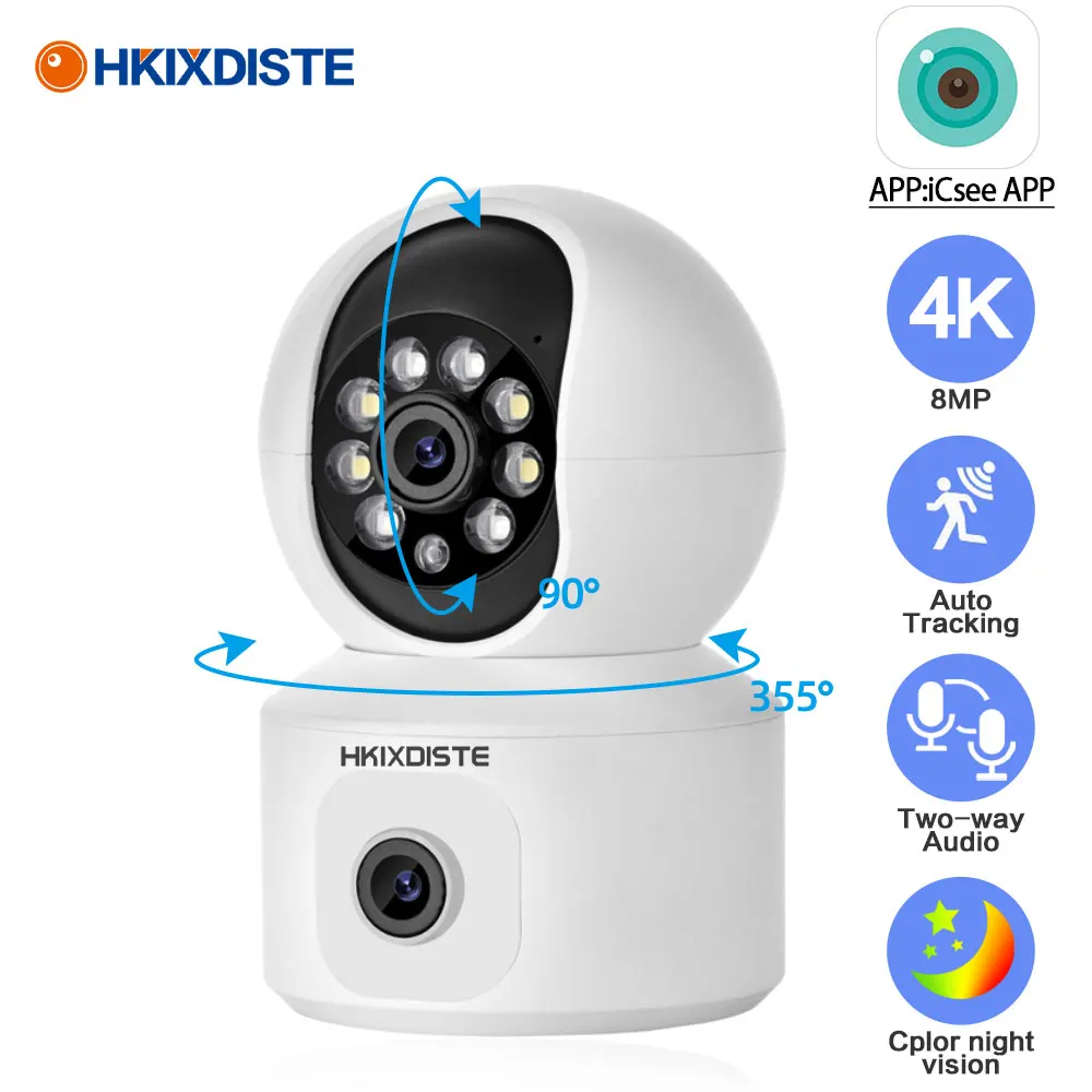 4K Dual Lens Wifi PTZ IP Security Camera Indoor Home Baby Monitor 2 Way Audio Wireless CCTV Video Surveillance Camera ICsee 8MP