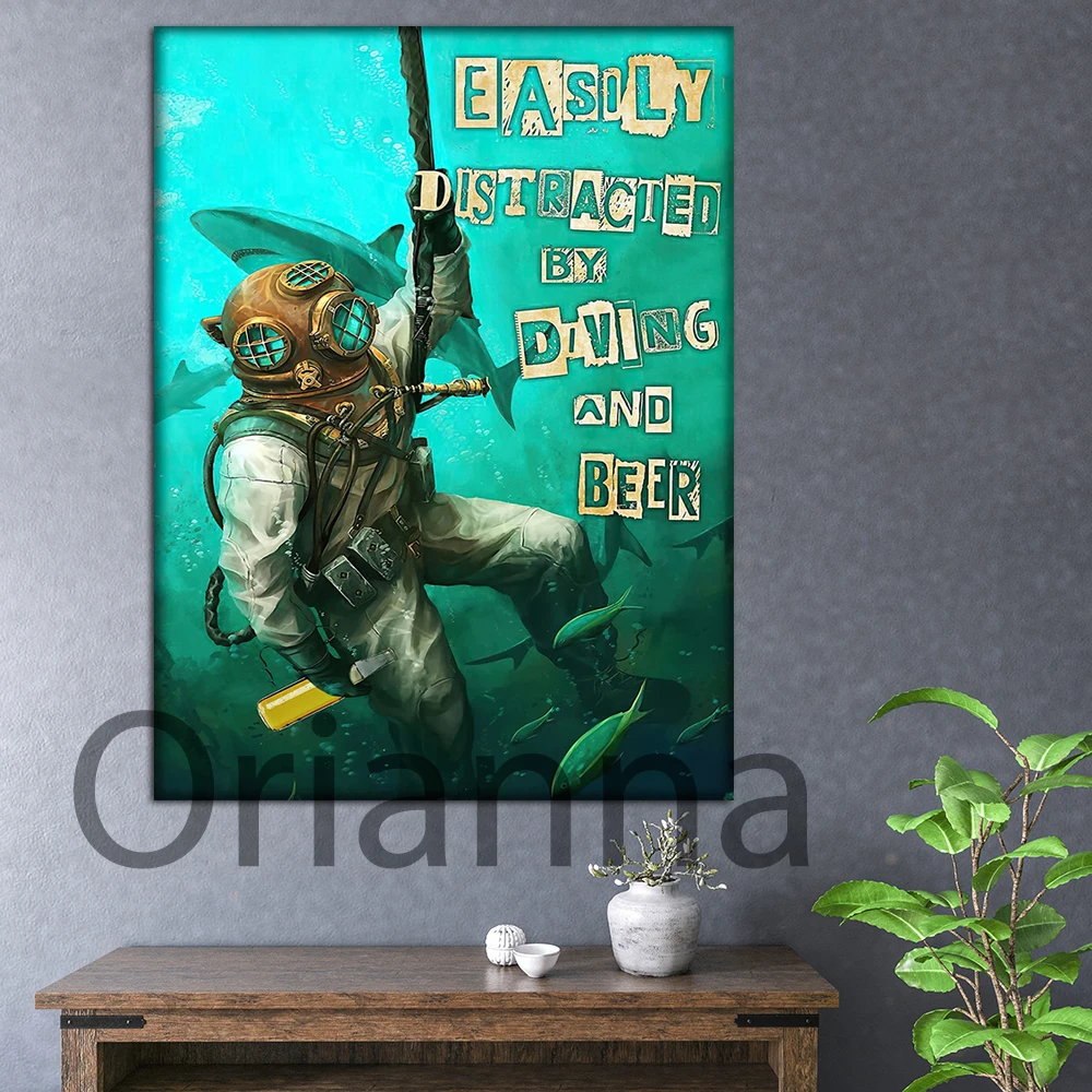 

Scuba Diving Dive Diver And Shark Poster Easily Distracted By Diving And Beer Poster Wall Art Print Home Living Decor Paintings