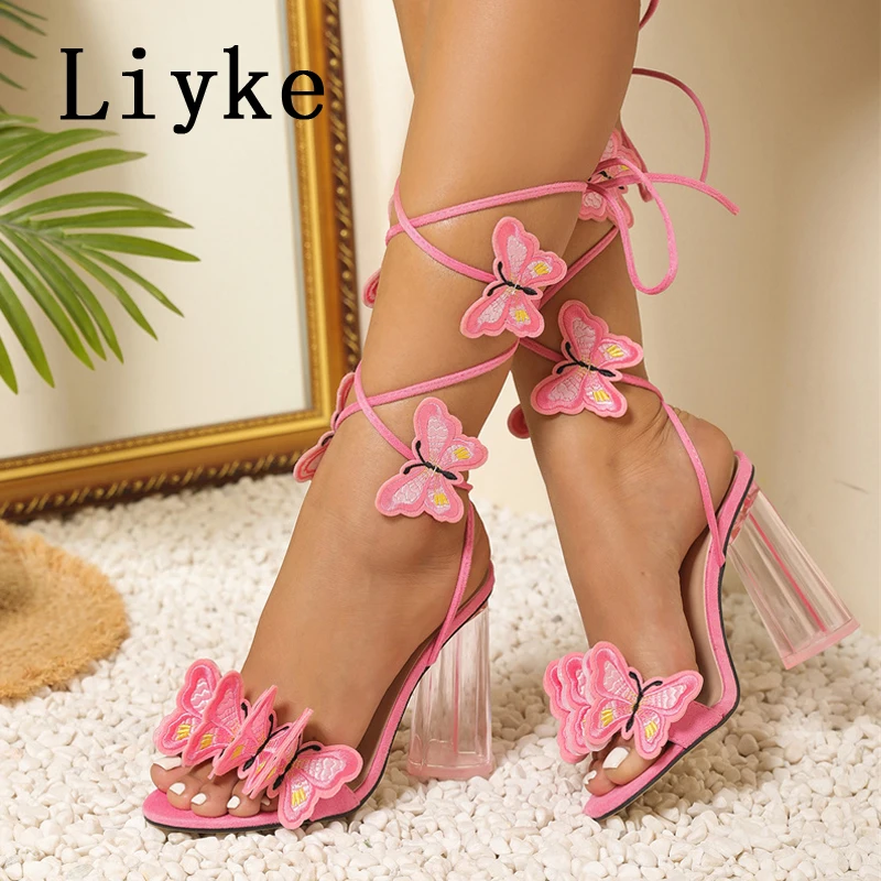 Liyke New Design Handwork Embroidery Butterfly Ankle Strap Sandal Women Transparent Strange High Heels Banquet Dress Shoes Pumps