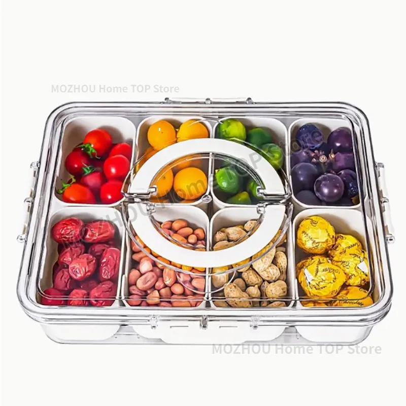 Divided Food Serving Tray With Lid Handle Snack Box Charcuterie Container Portable Platters Clear Organizer Candy Fruits Nuts