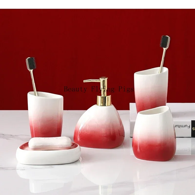Gradient Red Ceramic Soap Dispenser Set Hotel Dish Mouthwash Cup Home Bathroom Supplies Accessories Wedding Gifts Soap Dish