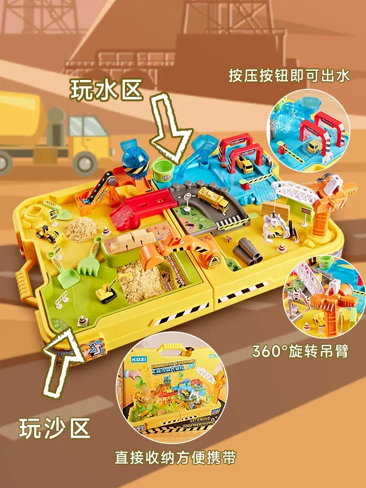 Crianças liga engenharia construção brinquedo conjunto multifuncional areia água jogar mesa sandbox com veículos para meninos presente