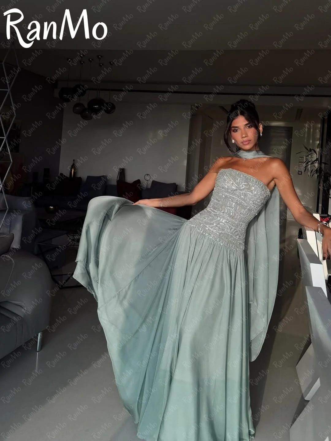 

Ranmo New Strapless Beaded Sparkly A-line Evening Dress فساتين سهرة Scarf Customized Pleat Luxury Prom Gown Sleeveless