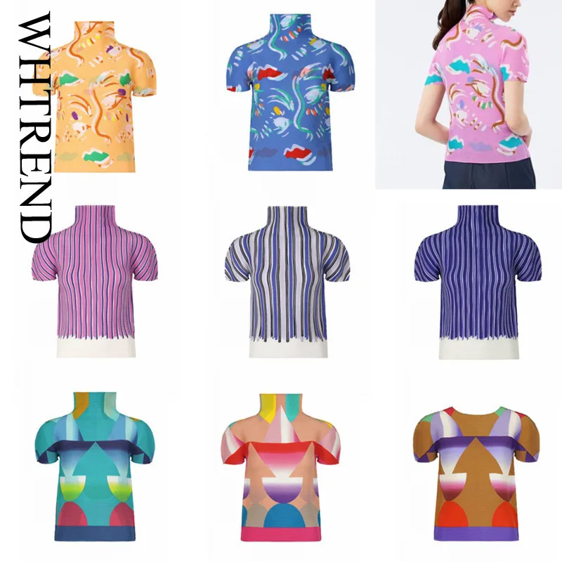 

WHTREND Light Weight Short Sleeve Pleated T-Shirt For Women Printing Graffiti Slim Elastic High Neck Stylish Top WH18000