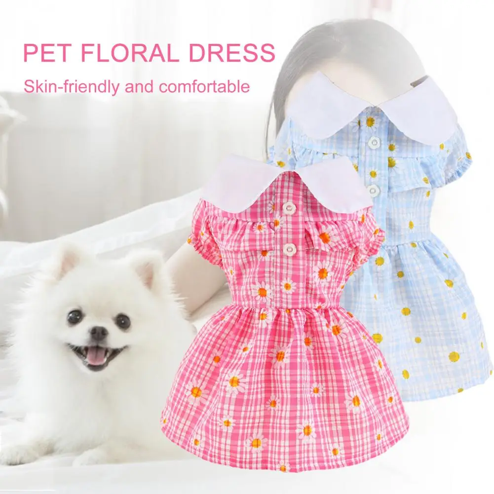 Turn Down Collar Pet Dress Short Sleeve Dress-up Pullover Plaid Floral Print Dog Skirt Summer Clothes Wedding Apparel Outdoor