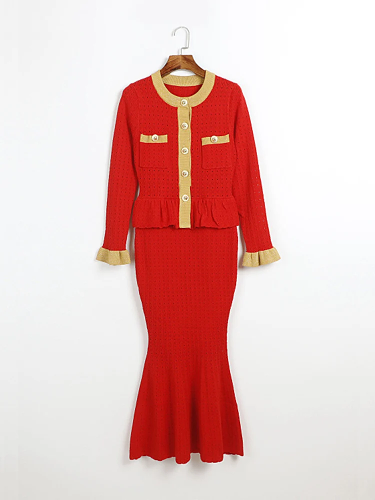 

Micosoni Modern Retro Knitted Dress with Wood Grain Edge Hollow out Sleeve Gold Thread Splicing Fish Tail Long Dress Wholesale