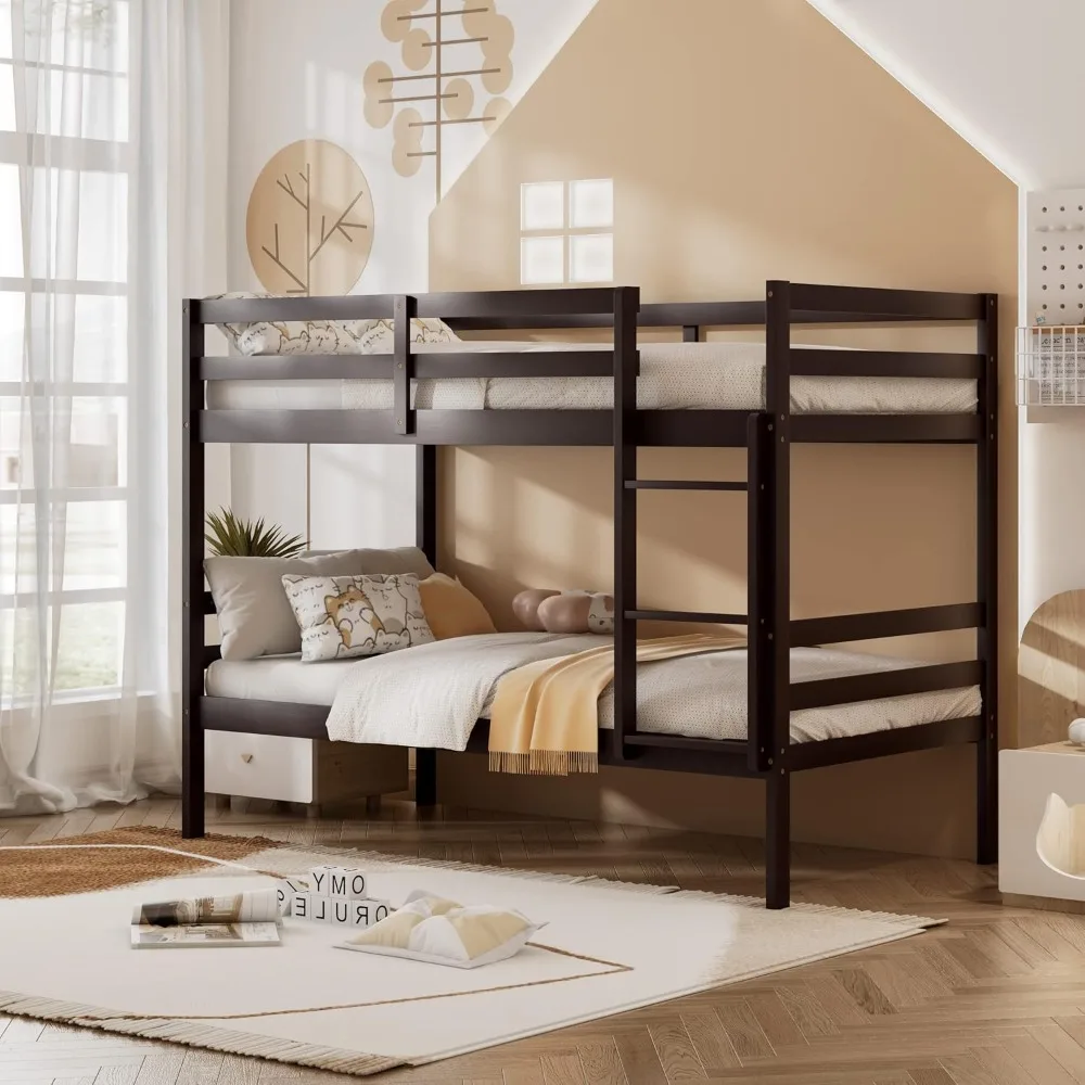 

Wood Bunk Bed Twin Over Twin, Bunk Bed with Ladder & Safety Guardrail, Solid Wood Bed Frame, Ideal for Dormitory & Multiple