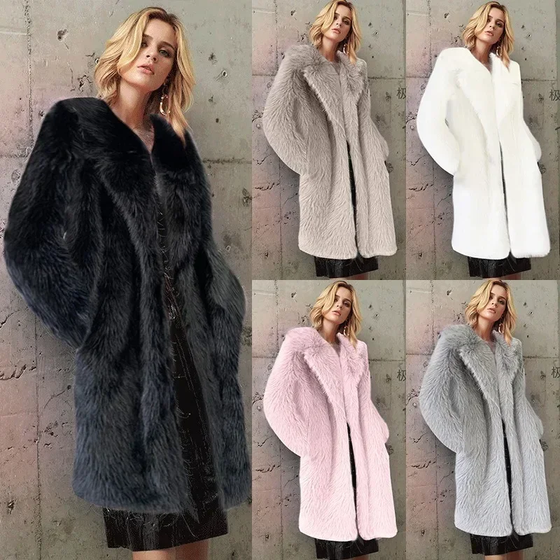 Women Winter Warm Plush Faux Fur Long Jacket Elegant Y2K Chic Clothes Lapel Furry Coats Overcoat Pilot Jacket Outwear Blend