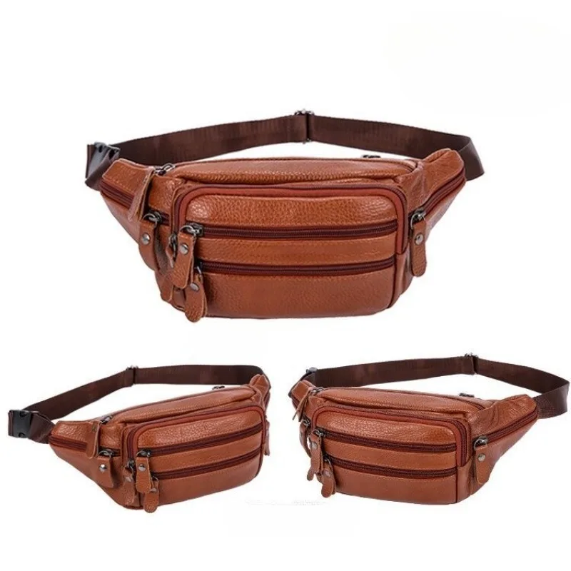 Large Capacity Waterproof Real Genuine Leather Men's Waist Bag Cowhide Male Zipper Site Workers Travel Phone Bag