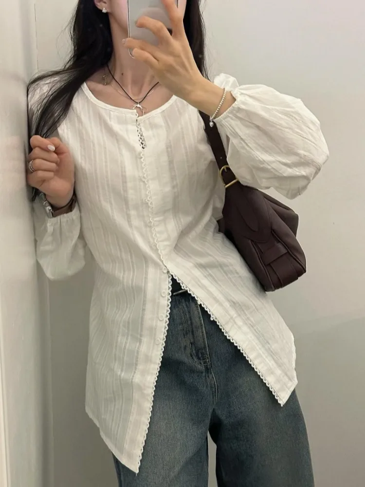 

Chic Sweet Lace Trim Single Button round Neck mid Length Striped Embroidery Bubble Sleeve Shirt Women Commute Style Slim Fit ...