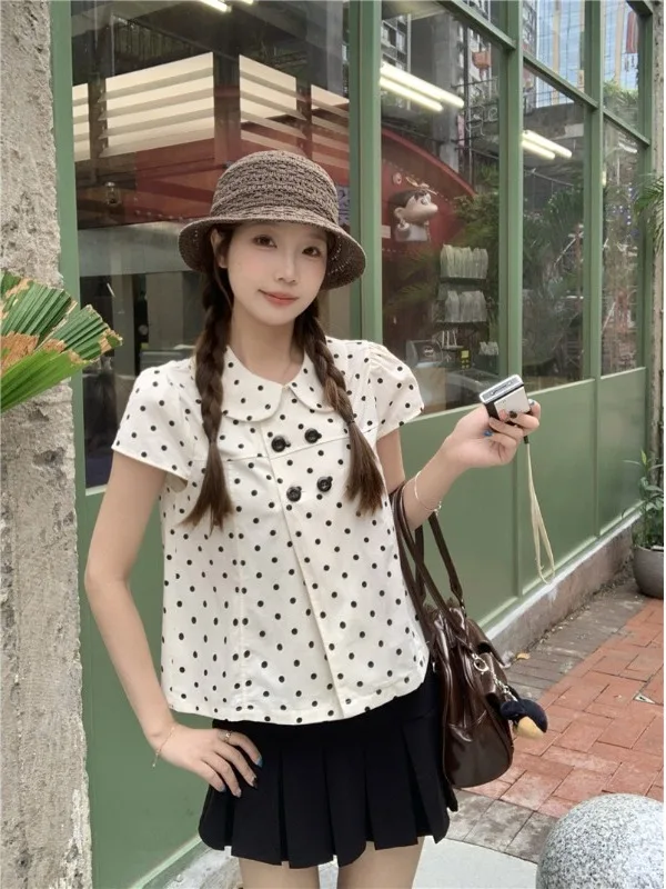

plus Size Women's Shirt Summer New Style Polka Dot Short Sleeve Doll Collar Slimming Versatile Design Korean Style Commute Shirt