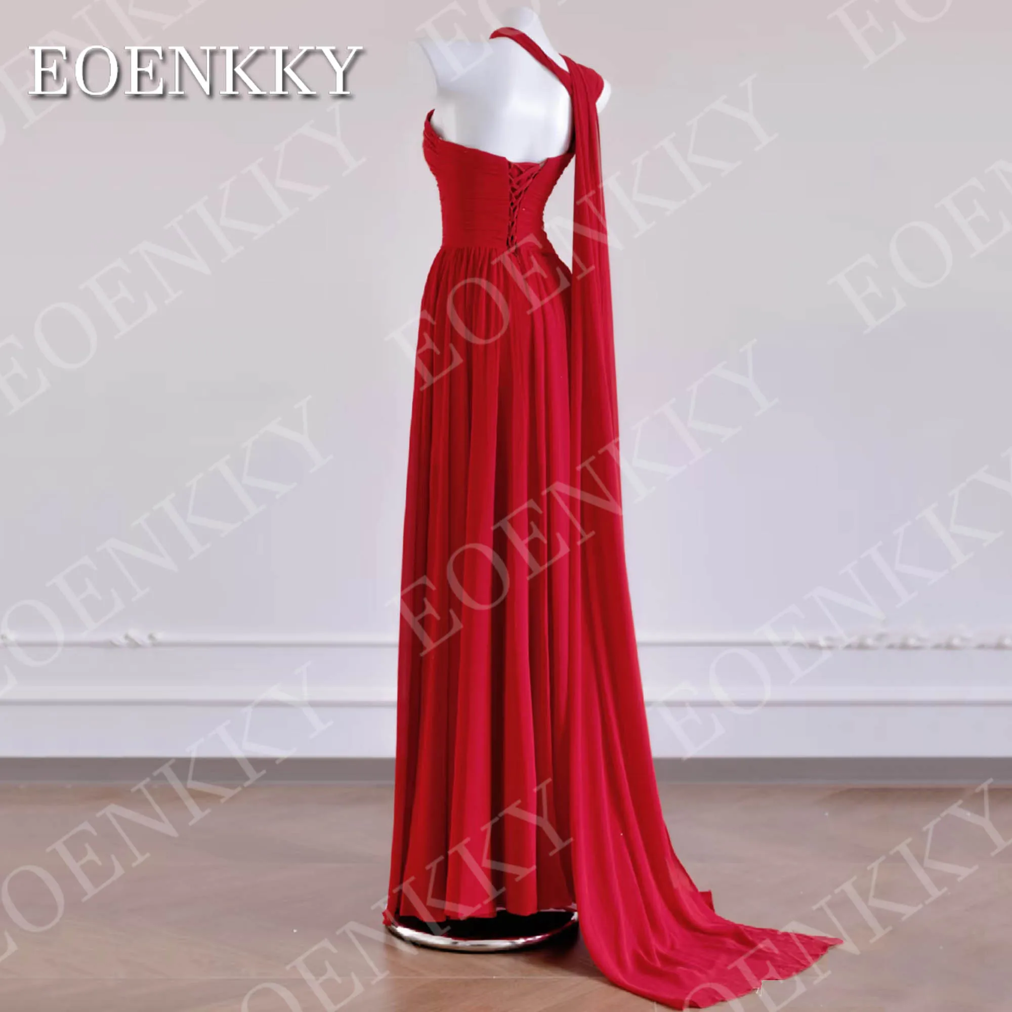 EOENKKY Rote One-Shoulder-Abendkleider für Damen langes elegantes Chiffon-Partykleid ärmellos bodenlang individuell gestaltet Rote eine Schulter Abendkleider Frau lange elegante Chiffon Party Kleid ärmellose Bodenlänge