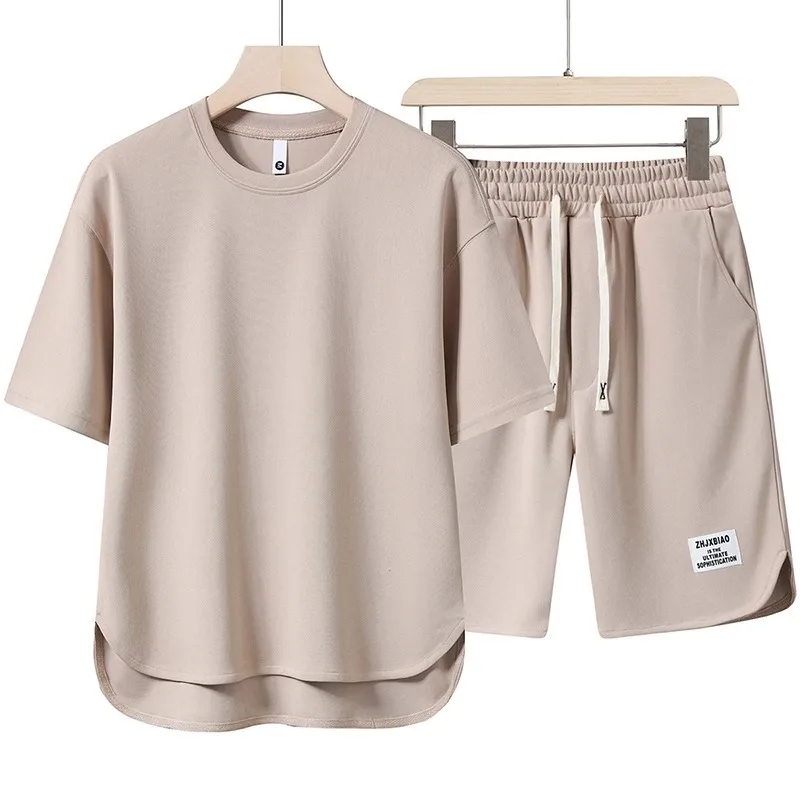 

2025 Summer Men's Ice Silk Cool Short Sleeve T-shirt Set High End Leisure and Sports Two Piece Set, Breathable and Quick Drying