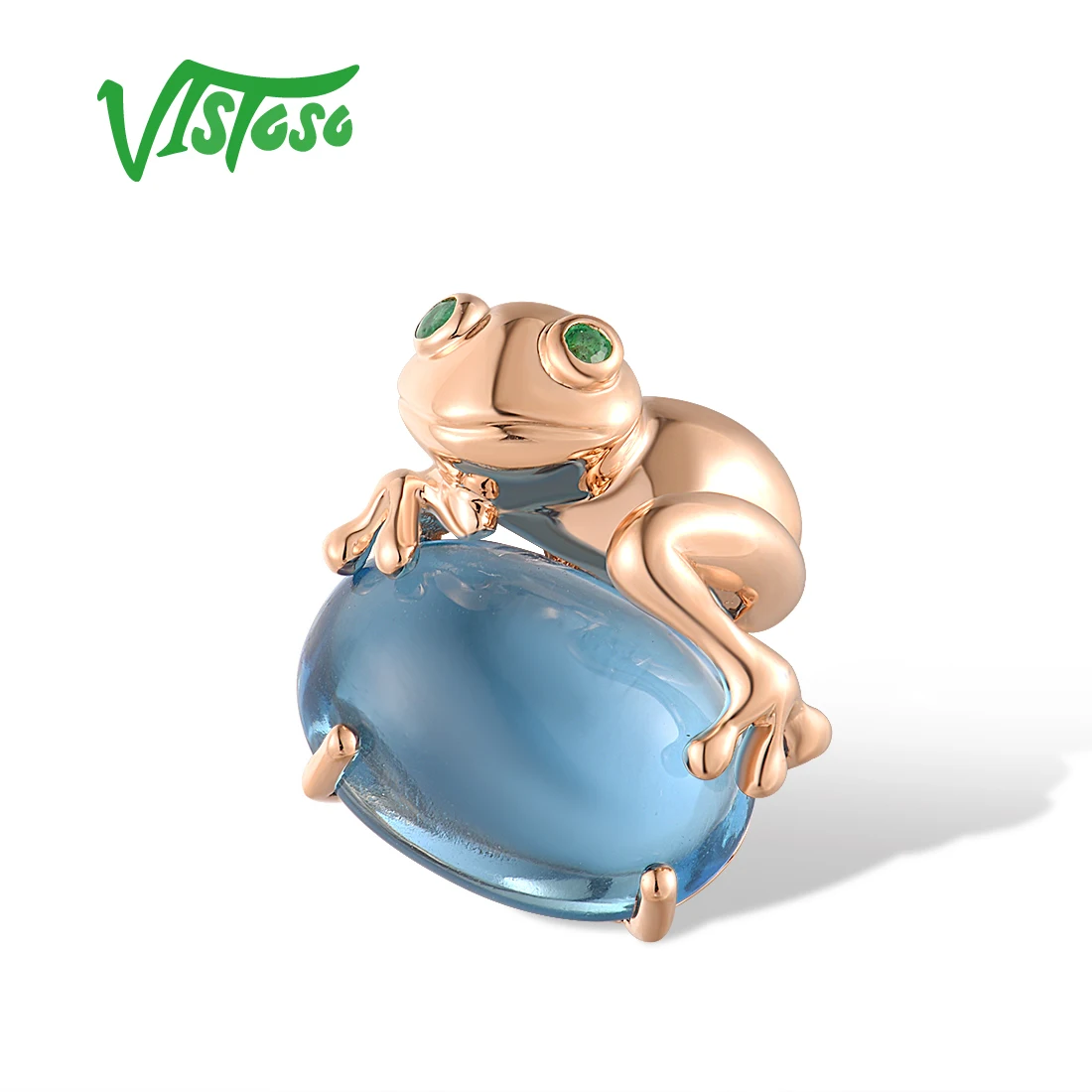 VISTOSO Authentic 14K 585 Rose Gold Pendant For Women Cute Frog Magic Blue Topaz Emerald Elegant Gifts Fine Jewelry