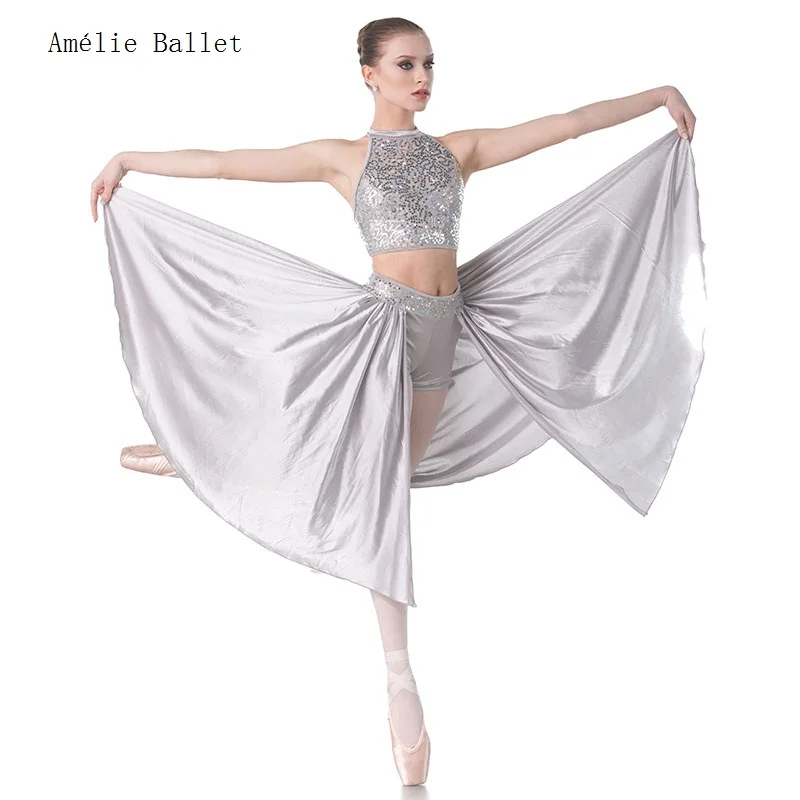 

18009 Grey Sequin Lace Over Grey Spandex Crop with Elastic Midriff Ballet & Lyrical & Contemporary Dance Costume Sequin Dress