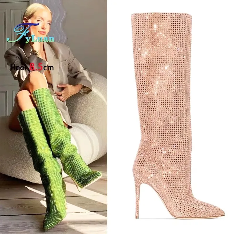 

Gorgeous Rhinestones Boots Full Crystal Diamond Star Stage Shoes Women Pointy Knee-high 8.5CM Thin Heel Glitter Party Long Boots