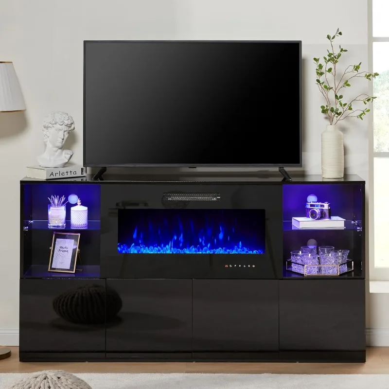 

Modern High Gloss 68" Fireplace TV Stand, Media Entertainment Center with Electric Fireplace & LED Lights for TVs up to 78"