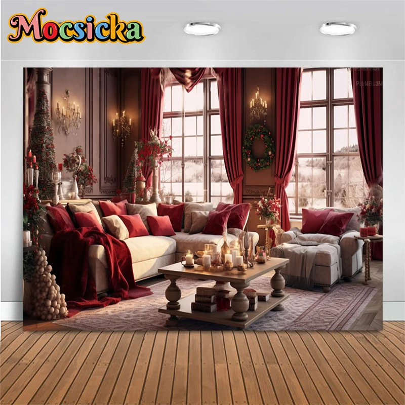 

Mocsicka Christmas Tree Decoration Background Red Curtains Art Props Retro House Indoor Sofa Pillows Backdrop Studio Photobooth