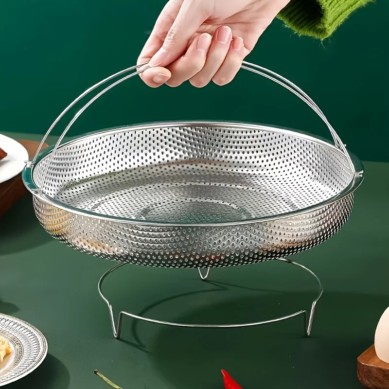 

22.5cm Universal Round Shape Stainless Steel Vegetable Steaming Basket ﻿Stainless Steel Perforated Drain Basket Steaming Basket