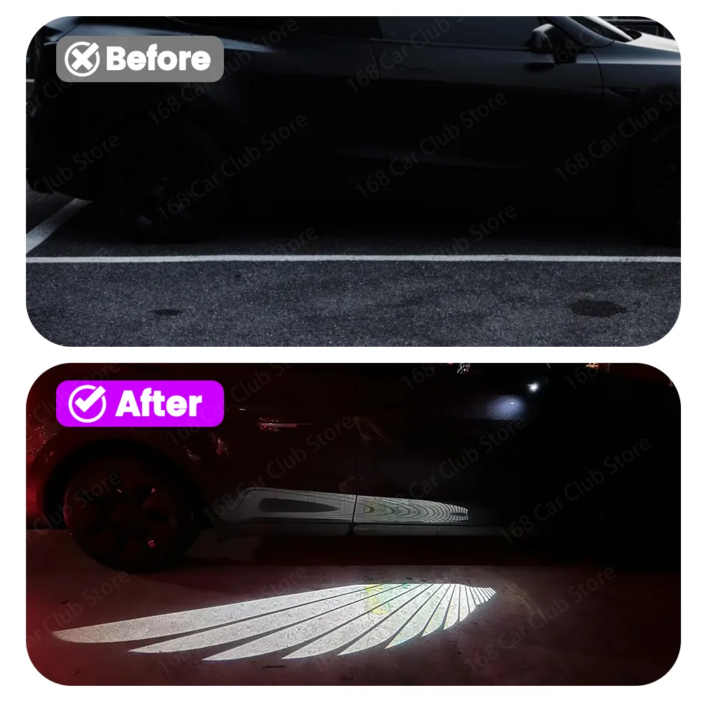 Angel Wings Of Light At The Bottom Of The Car For Tesla Model Y 3 LED Light Wing Carpet Projection Light Door Decoration Light
