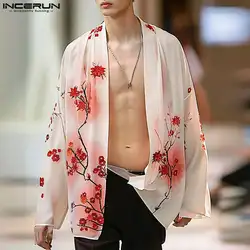 INCERUN Men Shirt Printing Open Stitch Long Sleeve Loose Casual Male Cardigan Kimono Streetwear 2024 Fashion Men Clothing S-5XL