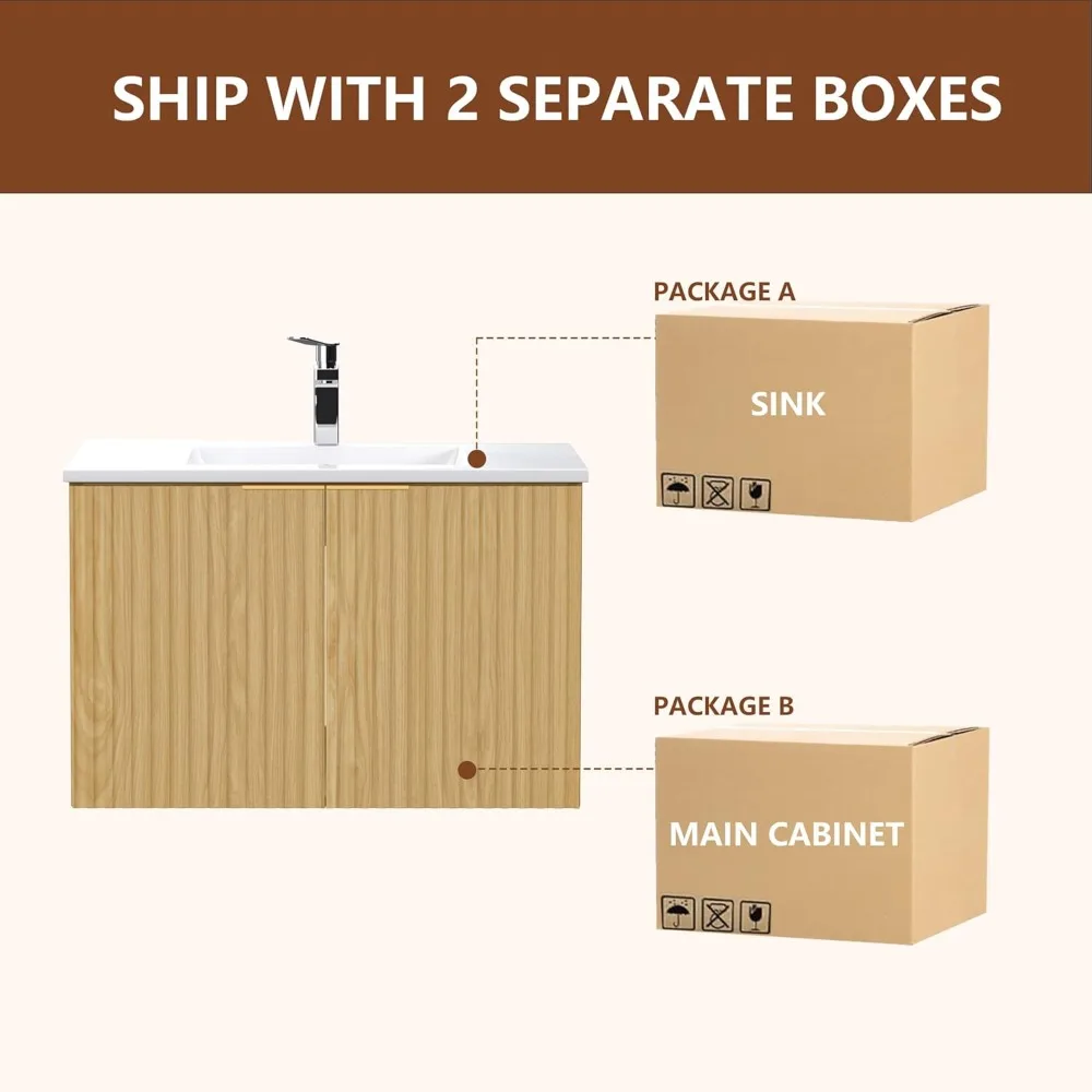 Mobile da bagno moderno con lavabo e ante testurizzate ondulate - Mobiletto galleggiante a parete, contenitore impermeabile con chiusura ammortizzata