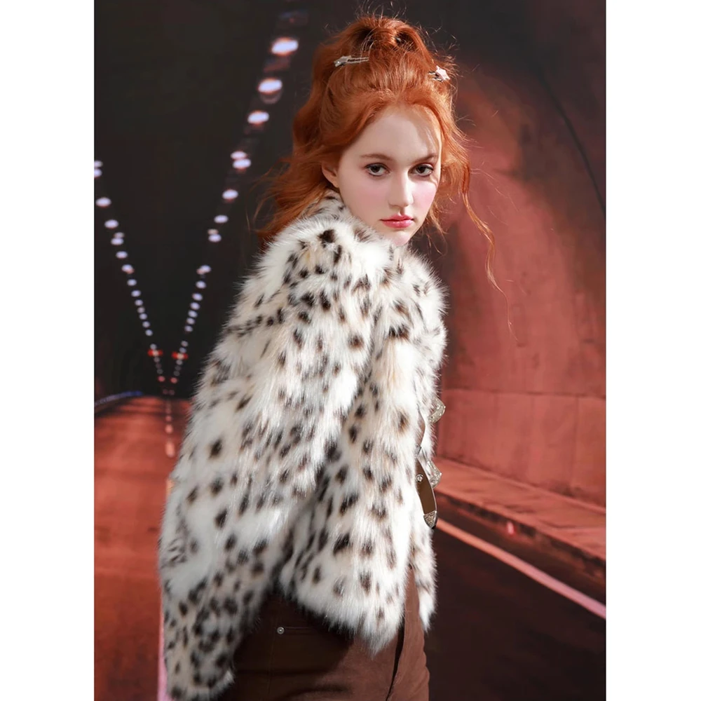 Women\'s Fur Imitation Fox Fur Coat Lapel Warm Fur Coat European And American Leisure Leopard Print Short Motorcycle Clothing Tid