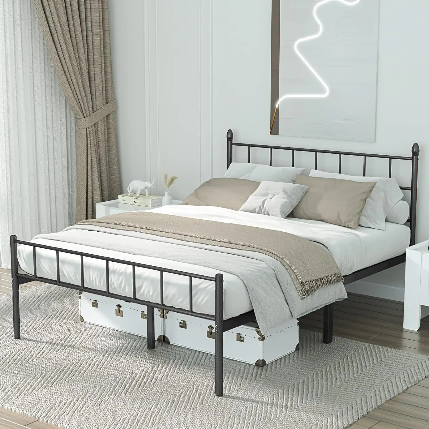 

Queen Bed Frame with Headboard, Vintage Metal Bed Frame Queen Size, No Box Spring Needed, Easy Assembly, Black