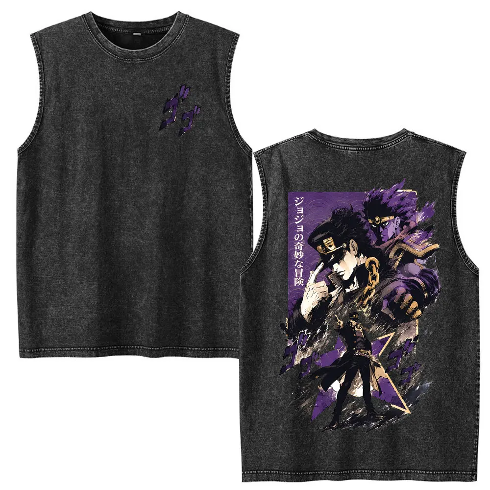 Anime JoJo Bizarre Adventure Kujo Jotaro Vintage Washed Tank Tops Tees Men Women Clothing Fashion Retro Sleeveless Vest T-shirts view 2
