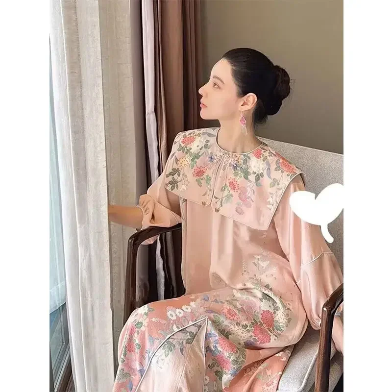 

Improved Chinese Style Zen Cheongsam Dress Women 2023 Autumn Elegant Delicate Pink Floral Long Dresses Vestido Oriental Qipao