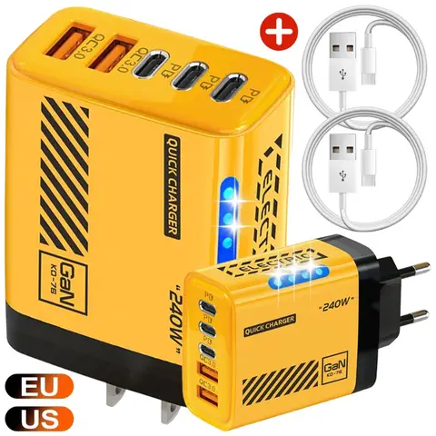 240W QC3.0 PD 5 Ports GaN Fast Charger US/EU Plug Phone Charging Head Adapter with LED Light for iPhone Samsung Huawei Xiaomi