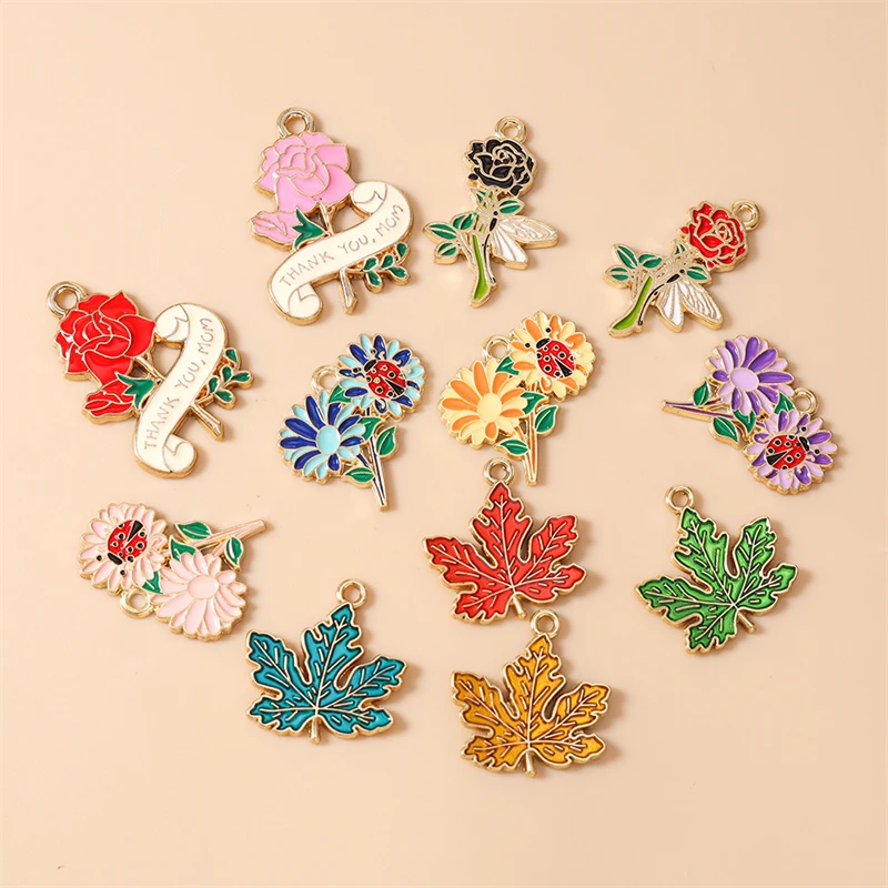 20 Stück Niedliche Bunte Emaille-Pflanzen- und Blumenanhänger für Schmuckherstellung, Halsketten, Ohrringe, Armbänder, DIY-Bastelzubehör – Detail 3
