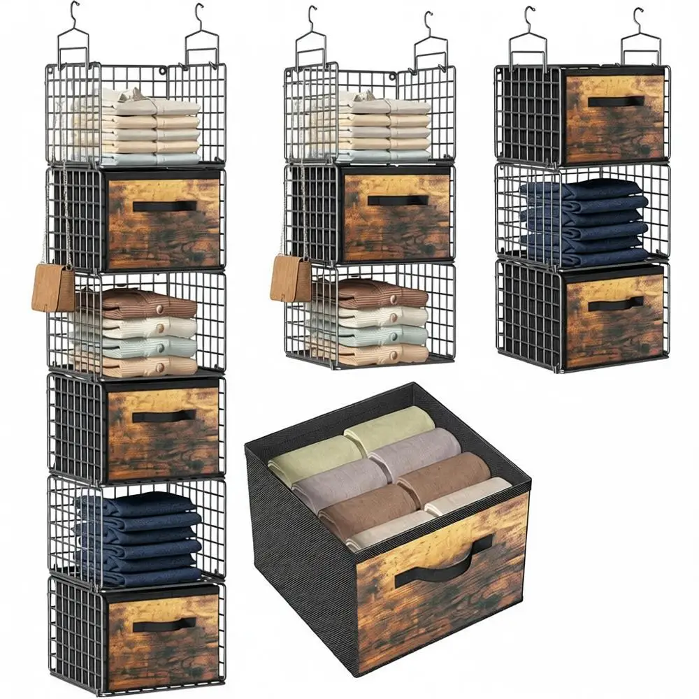 

6-ярусный металлический органайзер для шкафа, с крючками, для хранения, для прачечной, проволочные полки, для одежды, свитеров, брюк, черный