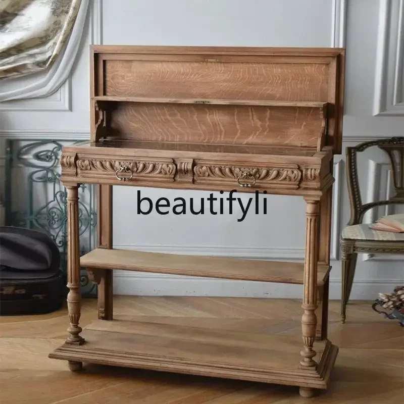 

French retro solid wood carving flower entrance table American living room decoration cabinet, medieval entrance table6239