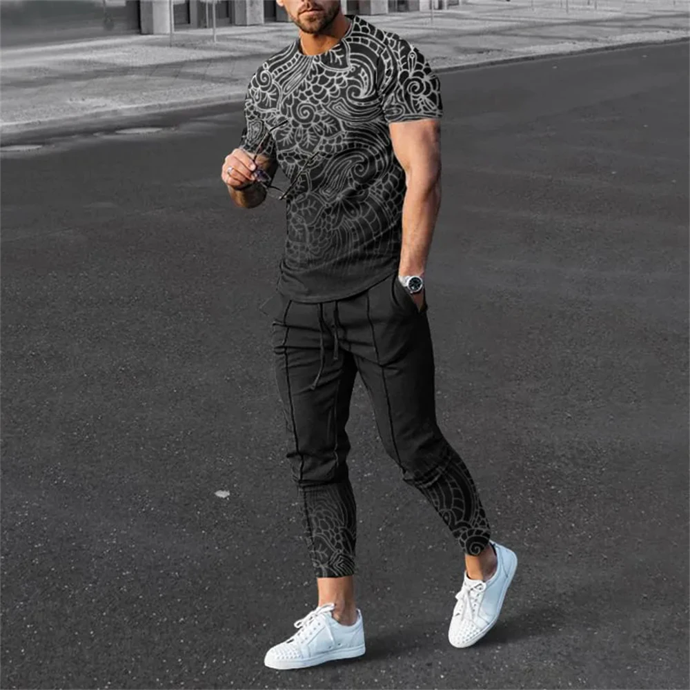 Men\'s Trousers Tracksuit 2 Piece Sets Summer Sportswear Tops Tees Short Sleeve T Shirt+Long Sweatpants Oversized Men Clothing