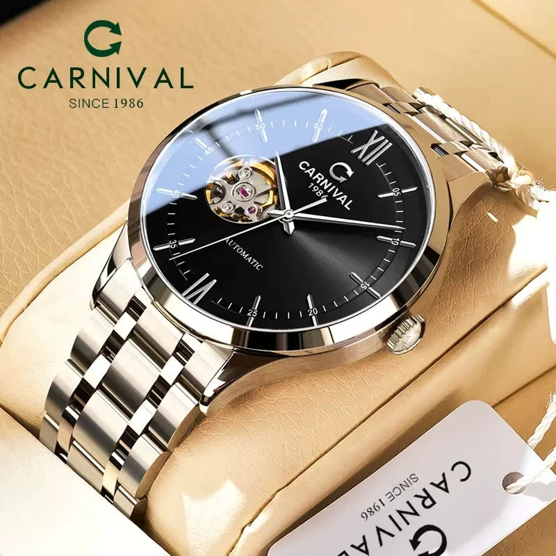 

Carnival Brand Fashion Skeleton Mechanical Watch for Men Stainless Steel Sapphire Waterproof Automatic Hollow Wristwatches Mens