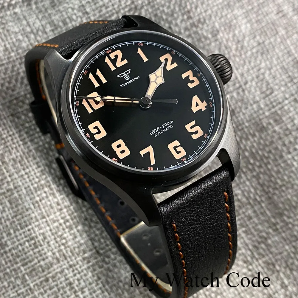 Waterproof Vintage Pilot Watch Tandorio Black NH35 Mechanical Clock Men Arabic Numerals 39mm Sport Clock Reloj Hombre Big Crown