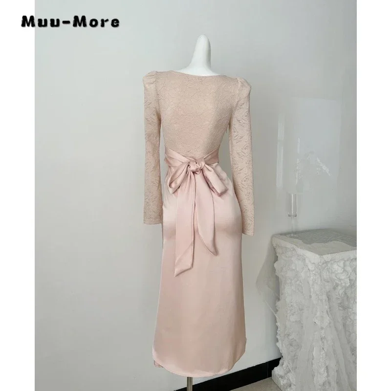 Fairy Sweet Style Long Sleeve Patchwork Lace-up Midi Dresses 2025 Autumn Women Elegant Square Collar Slim Fit Pink Satin Dress