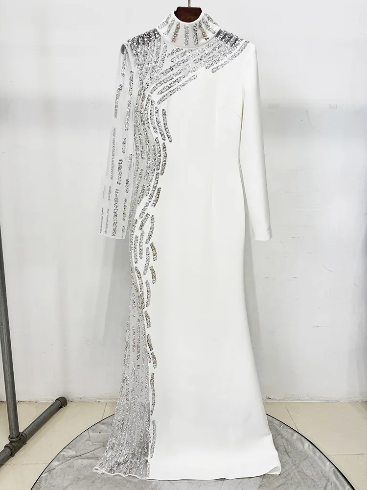 

HIGH QUALITY 2026 White Stand Collar Evening Dress Long Sleeve Mesh Sequin Beaded Formal Party Gown Floor Length Long Dress